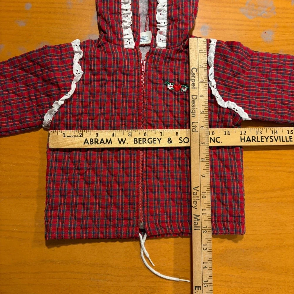Vintage Doe-Spun Toddler Girls Red Plaid Quilted Hooded Jacket Lace Trim 24M